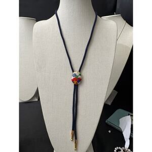 Vintage Cloisonne Bead Bolo Style Necklace Blue Cord Gold Tone